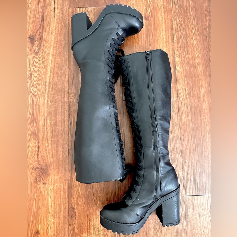 Black Laced Tall Chunky Heel Boots SIZE 6.5